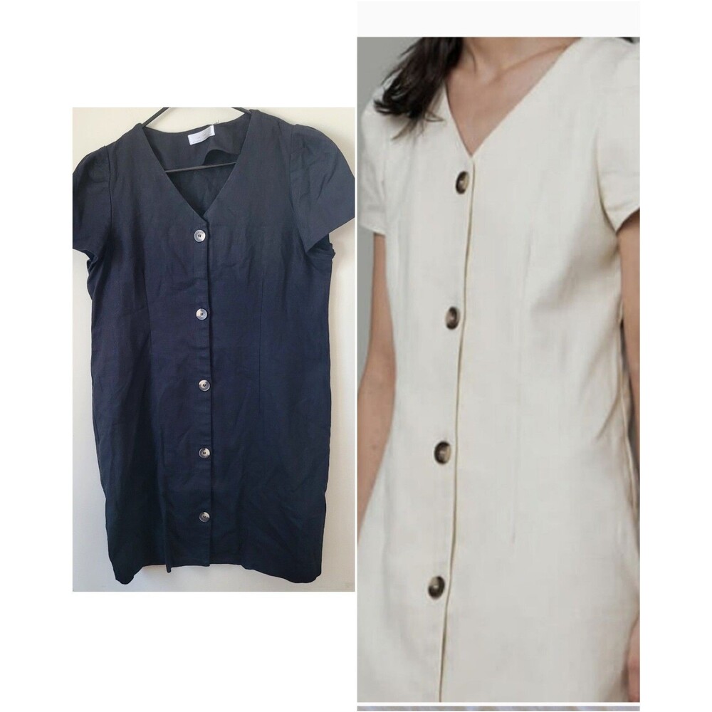 Oak + Fort Short Cap Sleeve Button Front Mini Dress Linen Blend Black Size XL